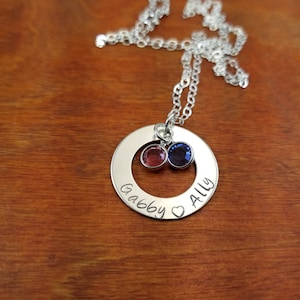 Mom Sterling Silver Washer birthstone necklace,  Mother&#39;s Day custom gift, Mommy necklace, Hand Stamped Personalized Name necklace