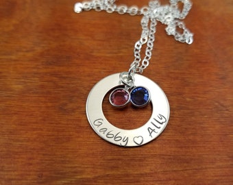 Mom Sterling Silver Washer birthstone necklace,  Mother's Day custom gift, Mommy necklace, Hand Stamped Personalized Name necklace