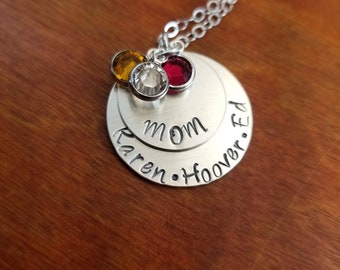 Sterling silver children's names  Mom necklace, Mom jewelry with kid's birthstone, mother's day, Personalized Hand stamped Mom jewelry