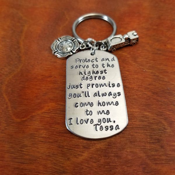 Fireman Protect and serve key chain, Personalized fire fighter gift