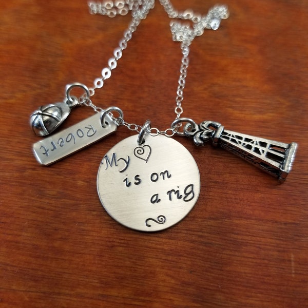 Hand stamped Personalized Oilfield necklace, on a rig, Oilfield wife gift, Oil Derrick, oil rig, oil field jewelry, hitch life, roughneck