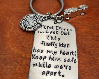Firefighter keep him safe key chain, fireman always come home Maltese cross gift, Personalized hand stamped first in Last Out hero key chain