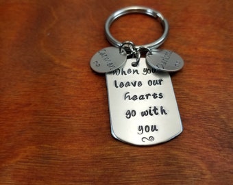 When you leave Our hearts go with you key chain, long distance love trucker, military deployment, traveling spouse Personalized Hand Stamped