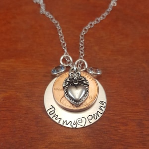 Penny wedding anniversary sterling silver necklace, hand stamped personalized Penny necklace