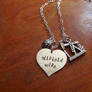 Oilfield wife necklace, Oilfield jewelry, sterling silver Heart necklace, Spoiled Oilfield wife, hand Stamped