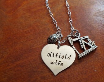 Oilfield wife necklace, Oilfield jewelry, sterling silver Heart necklace, Spoiled Oilfield wife, hand Stamped