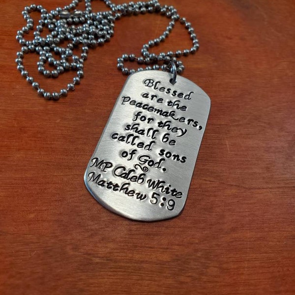 Hand stamped dog tag necklace police/military necklace for men or women. Blessed are the peacemakers-Policeman gift-Police gift-Matthew 5:9