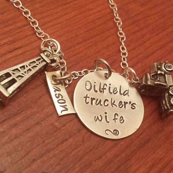 Hand Stamped personalized Oil Rig oilfield necklace, Oilfield trucker's wife, trucker's wife jewelry, derrick, semi truck, Long haul trucker