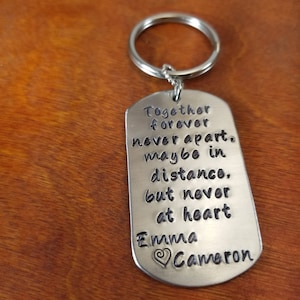 Together forever never apart anniversary key chain, Hand Stamped Personalized Military deployment Long distance love