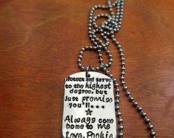 Police Protect and serve dog tag necklace, thin blue line always come home, Hand stamped Personalized LEO keep him safe