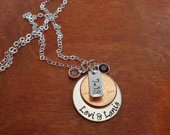Gepersonaliseerd-bruiloft ketting-hand gestempeld-Penny ketting-verjaardag ketting-bruiloft-bruid ketting-penny jaar-bruid penny-vrouw cadeau