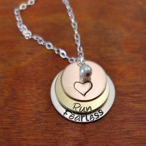 Run Fearless necklace Runner gift, marathon runner, Ironman, track, cross country, coach, inspirational, sports, Hand stamped mixed metal