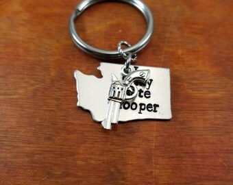 Washington State Trooper wife key chain, Police officer wife keychain, Law Enforcement keep him safe, Thin Blue Line Hand Stamped