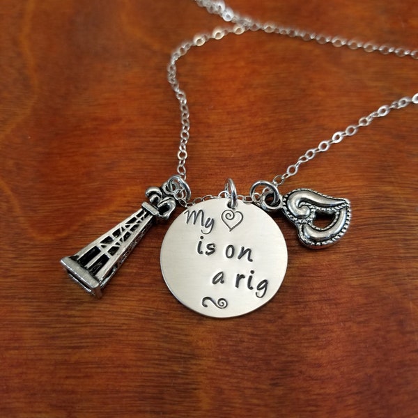 Oilfield Wife necklace My heart is on a rig, Oilfield Girlfriend Sterling silver jewelry, Hand stamped gift