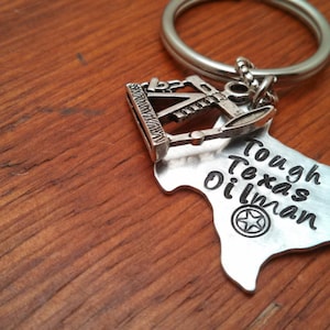 Texas oilfield key chain, Tough Texas Oilman, Oil field keychain, Roughneck, pump jack, oil rig, on a rig, hitch life, Hand stamped