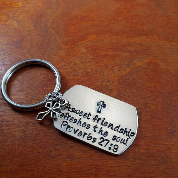 Gift for Friend, Sisters in Christ key chain, Proverbs 27:9 key chain, Christian gift,  bible verse, hand stamped