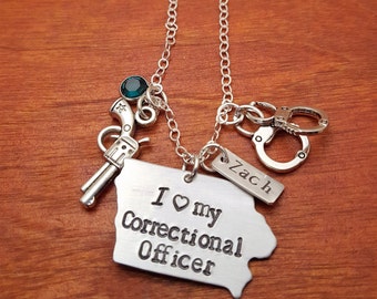 Iowa Correctional officer wife necklace, Iowa LEO, law enforcement, personalized hand stamped Iowa state patrol thin blue line
