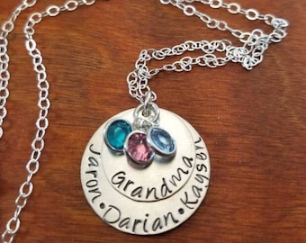 Sterling silver Grandma necklace, Nana jewelry, Grandma birthstone, mother's day, Grandkids names, Grandchildren Personalized Hand stamped