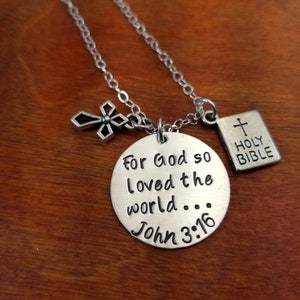 For God so loved the world Hand stamped John 3:16 Bible verse necklace, Christian gift, Christian jewelry