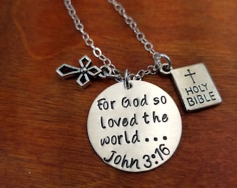 For God so loved the world Hand stamped John 3:16 Bible verse necklace, Christian gift, Christian jewelry