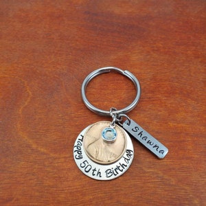 Birthday Penny celebration key chain, Birth Penny, milestone birthday, 21st, 30th, 40th, 50th, 60th, 70th, Personalized Hand Stamped