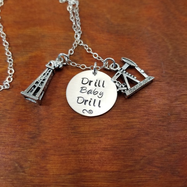 Oilfield wife necklace, Derrick, Hand Stamped sterling silver oil field gift, pump jack, roughneck, oil rig, drill baby drill, hitch life