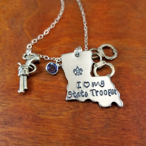 Louisiana State Trooper wife necklace, Police, LEO gift, thin blue line, Correctional Officer, LSP, keep him safe Hand stamped personalized