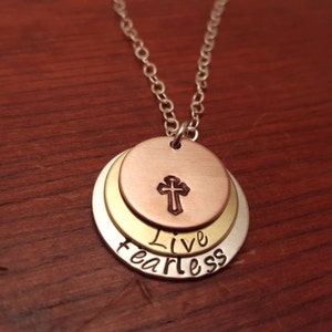 Hand stamped-mixed metal-Live Fearless-Gift forChristian -Religious gift-Fearless-Mixed metal necklace-Gift for sister in Christ