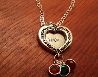 Personalized Mom heart necklace, birthstone, Mom jewelry, Kids birthstones, Mother's Day, Mom gift, Sterling silver, Hand Stamped