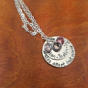 Grandma necklace, love at a distance, birthstone, miles apart Sterling silver name jewelry, Mothers day Personalized Hand stamped