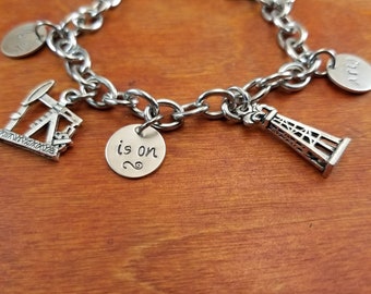 Oilfield charm bracelet, My heart is on a rig, Oil field wife bracelet, oil Derrick, hitch life, oil rig, roughneck jewelry, Hand Stamped