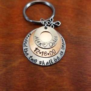 And the two shall be as one keychain, wedding, anniversary gift, vows, Mark 10:8, Genesis 2 24,  Valentines, Hand stamped Personalized