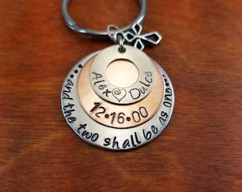 And the two shall be as one keychain, wedding, anniversary gift, vows, Mark 10:8, Genesis 2 24,  Valentines, Hand stamped Personalized