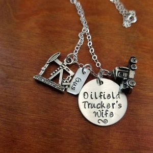 Oilfield trucker&#39;s wife necklace , Oil Rig oilfield necklace jewelry, trucker&#39;s wife necklace, semi truck Hand Stamped personalized