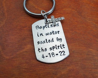 Baptized in Christ key chain, new christian gift, Hand stamped personalized Saved  Born again Baptism necklace