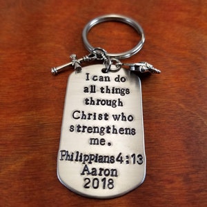 Graduation Bible verse key chain, Philippians 4:13, Religious gift, I can do all things, Bible Scripture necklace, Hand Stamped personalized