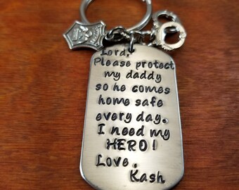 Police key chain, military keychain, Protect my Daddy, Policeman gift, Hero prayer, keep him safe, deployment, Personalized Hand Stamped