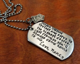 Police Protect and serve dog tag necklace, Policeman gift, always come home, LEO key chain, thin blue line, hero, Hand Stamped Personalized