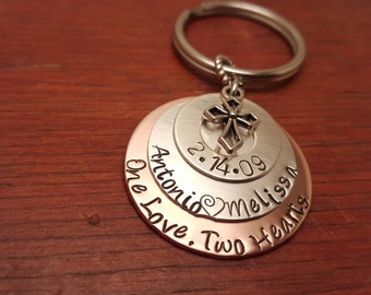 Hand stamped-personalized-One Love, Two Hearts-key chain-Anniversary keychain-Wedding keychain-Wedding date keychain-Valentine's day