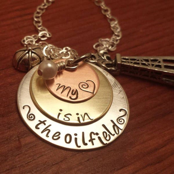 Personalized-mixed metal-oilfield necklace-My heart is in the oilfield-Oilfield jewelry-Oilfield wife-Oilfield necklace-Oilfield gift