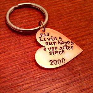 Personalized-hand stamped-copper heart key chain-Happy ever after-keychain-Personalized anniversary gift-true love gift