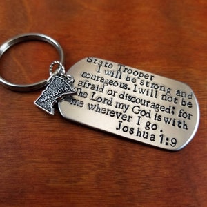 Minnesota State trooper key chain, Joshua 1:9, State trooper prayer, Police officer gift, Minnesota state patrol, Hand Stamped Personalized