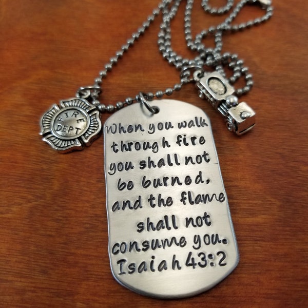 Fireman Isaiah 43 2 necklace, Fireman keep him safe gift, Firefighter Bible verse keychain, Hand stamped thin red line my hero