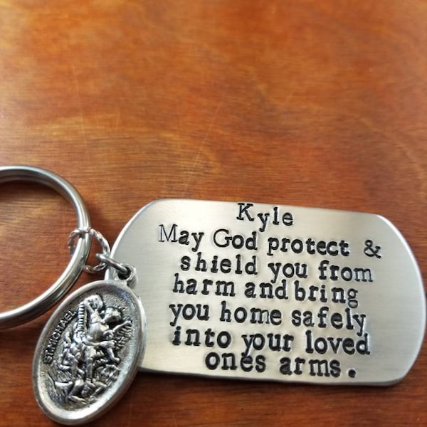 Police Officer prayer Key Chain, State Trooper gift, LEO, Thin Blue Line, Cop, bring him home, St. Michael, Personalized Hand Stamped