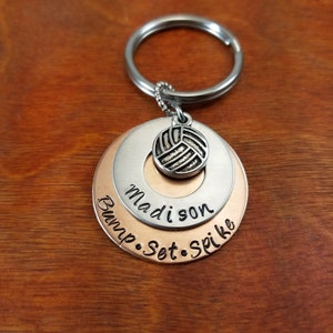 Volleyball Player key chain, Bump Set Spike, Volleyball coach gift, Custom Volleyball team gift, sports gift, Hand stamped Personalized