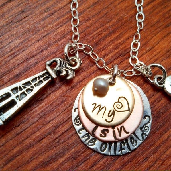 Oilfield Wife necklace, Hand stamped mixed metal oilfield necklace