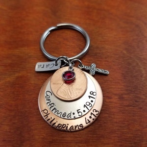 Confirmation penny Key chain, Baptism gift, Penny keychain, Christian gift, Religious, Philippians 4:13 Personalized hand stamped