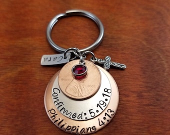 Confirmation penny Key chain, Baptism gift, Penny keychain, Christian gift, Religious, Philippians 4:13 Personalized hand stamped