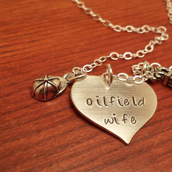 Oilfield Wife necklace, silver heart oilfield necklace, Oil Derrick necklace, Hard Hat necklace, Hitch life, on the rig,  Hand Stamped