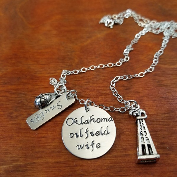 Oklahoma oilfield wife necklace, derrick jewelry, on a rig, on the rig, hitch life, roughneck, Hand stamped personalized Sterling silver